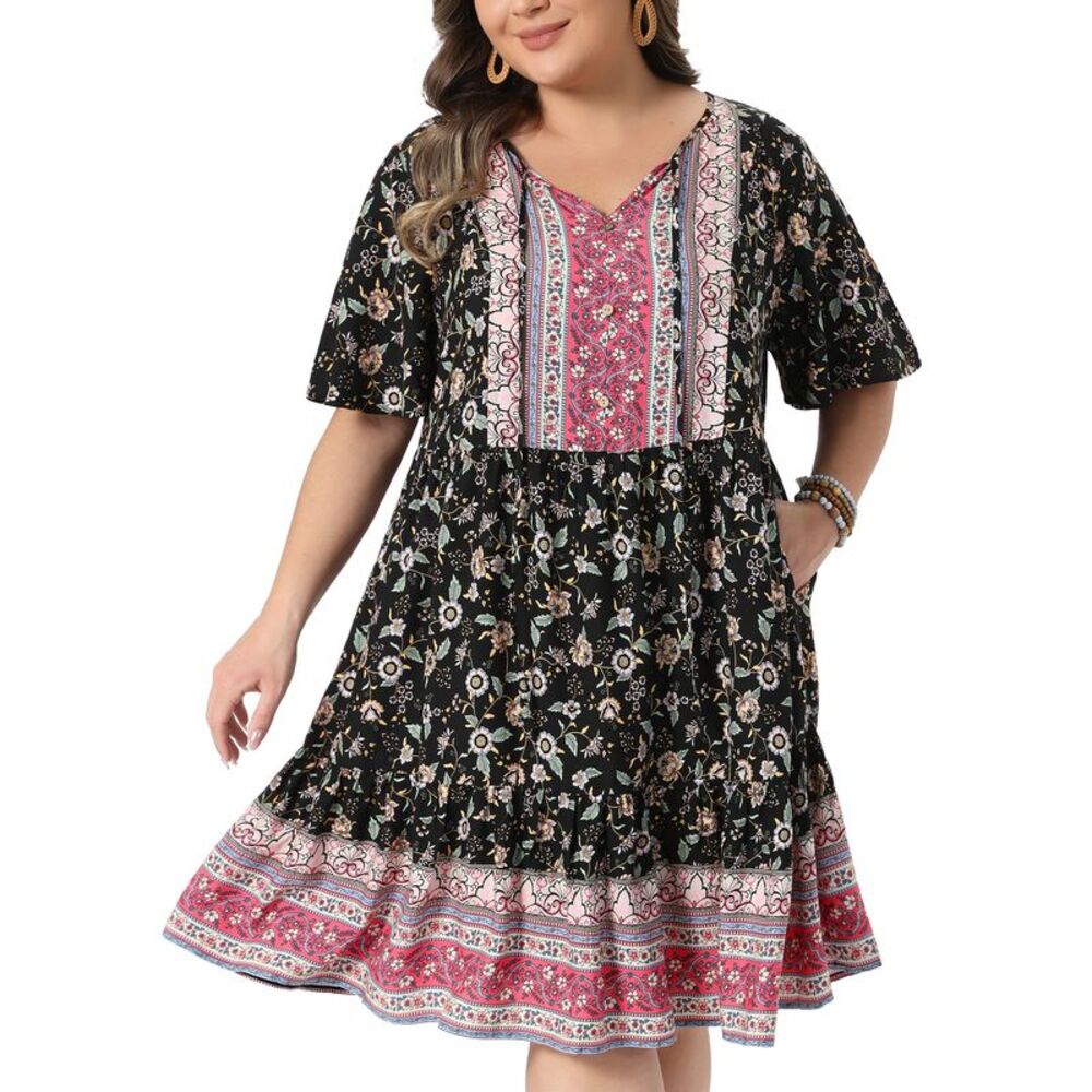 Women Plus Size Summer Boho Floral Beach Flowy Midi Dress Black